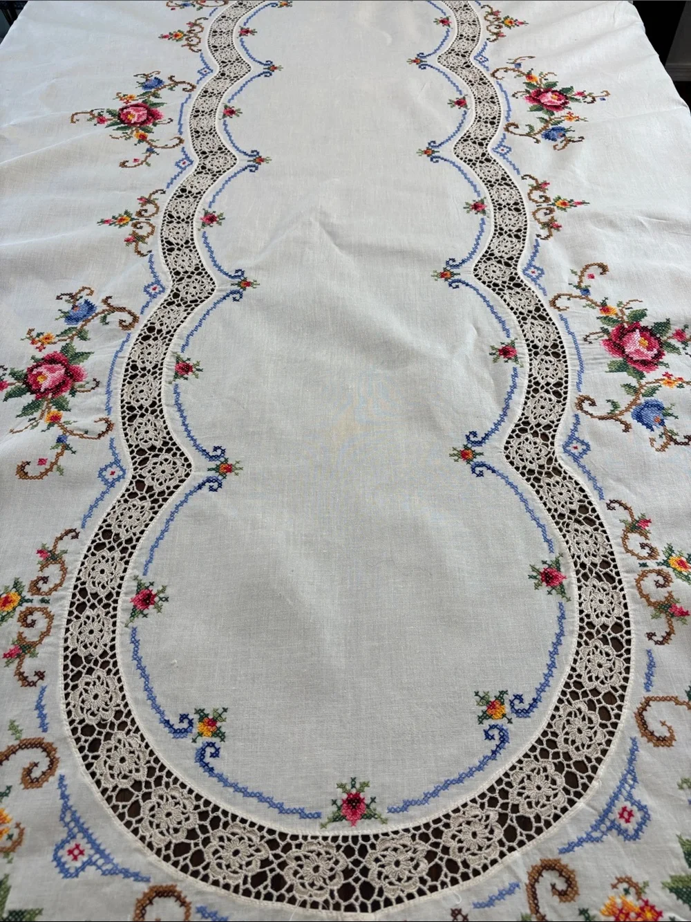 Vintage Large Embroidered & Crochet Floral Tablecloth White, Pink & Multicolor